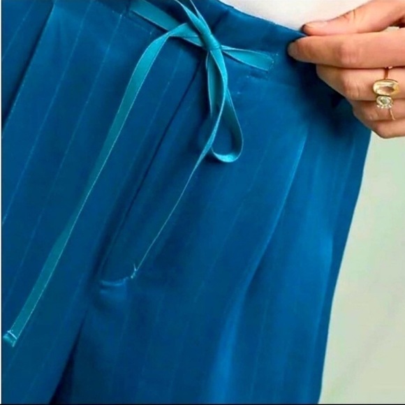 Anthropologie Elevenses Turquoise Blue Wide Leg Satin Trouser Pants Size 4 - Picture 9 of 13